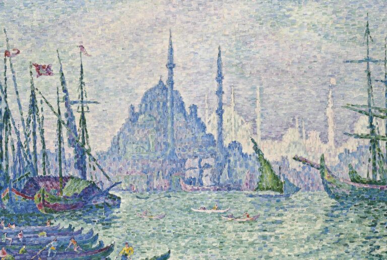 Paul Signac, Haliç: Minareler: noktacı fırça vuruşlarıyla sisli bir camii ve minareler, solda bayraklı direkler, önde kayıklar, 1907
