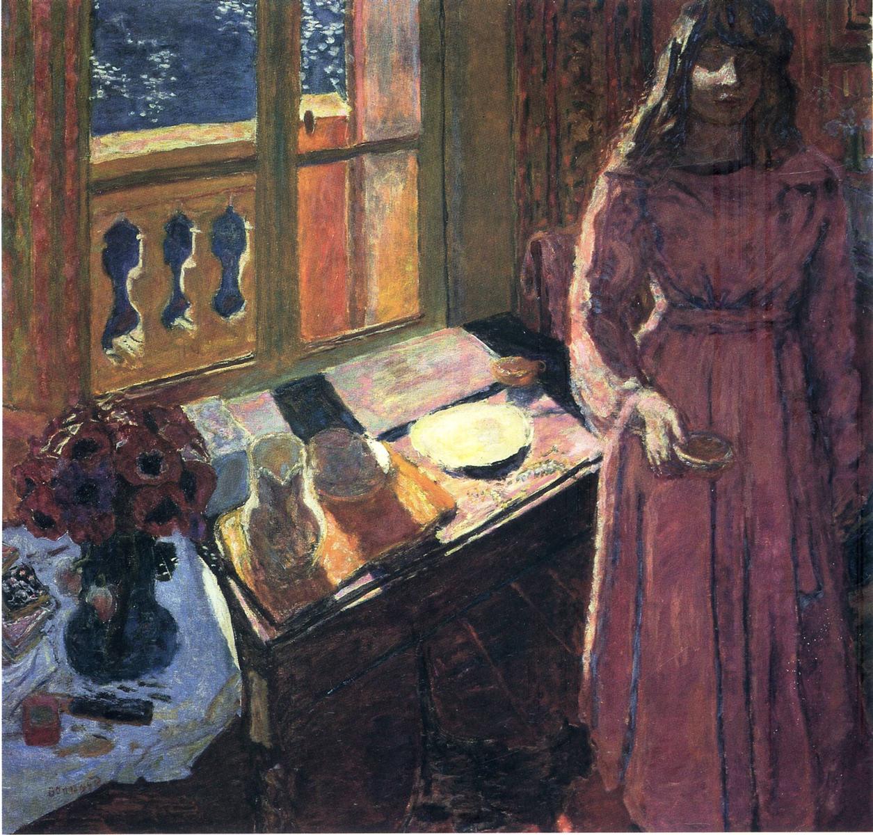 Pierre Bonnard'ın Süt Kasesi tablosu: deniz ışığı vuran odada elinde kase tutan kadın, yaklaşık 1919