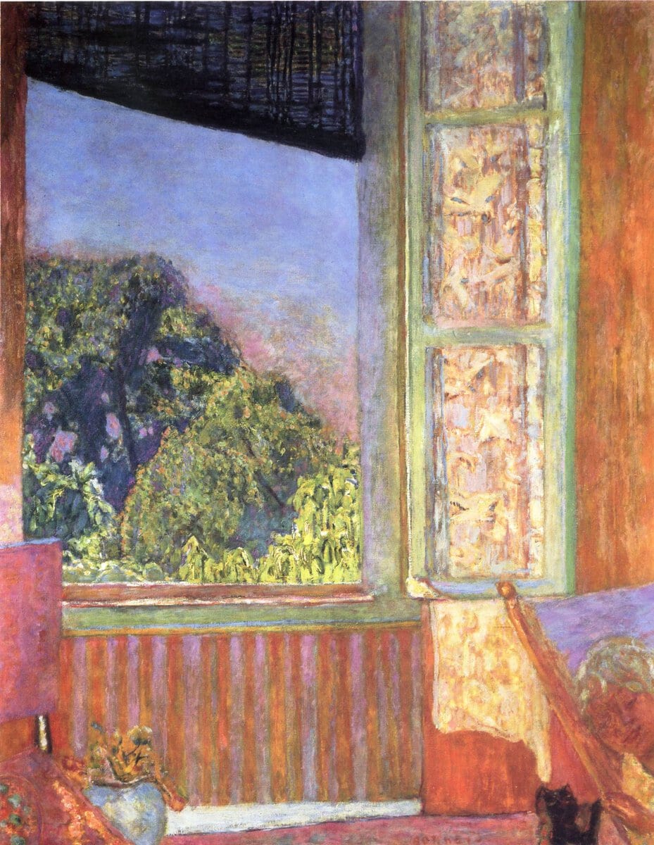 Pierre Bonnard'ın Açık Pencere tablosu: mavi gökyüzüne açılan pencere ve köşede kedi, 1921