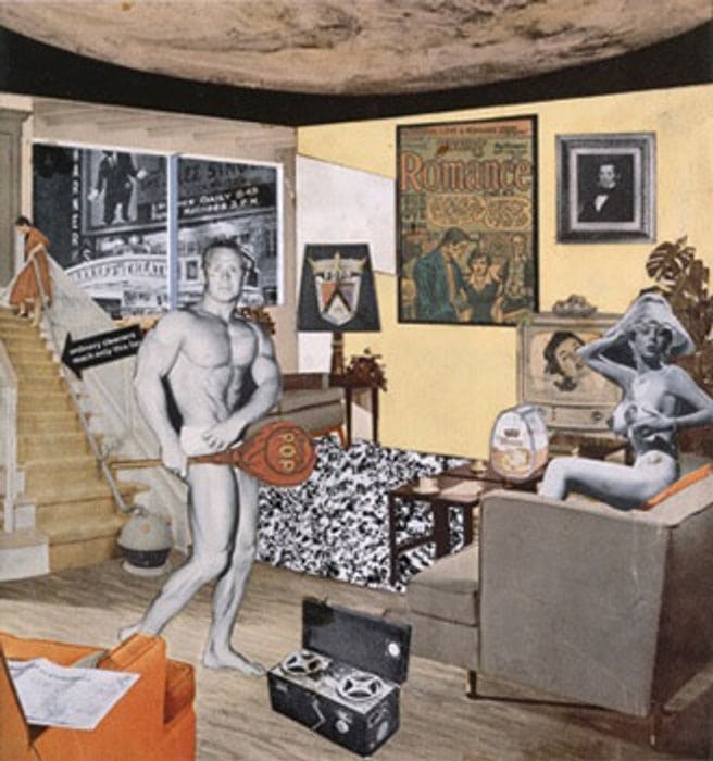Richard Hamilton'ın 1956 tarihli kolajı: tüketim eşyalarıyla dolu bir oturma odasında vücut geliştirmeci bir adam ve kanepede oturan bir kadın