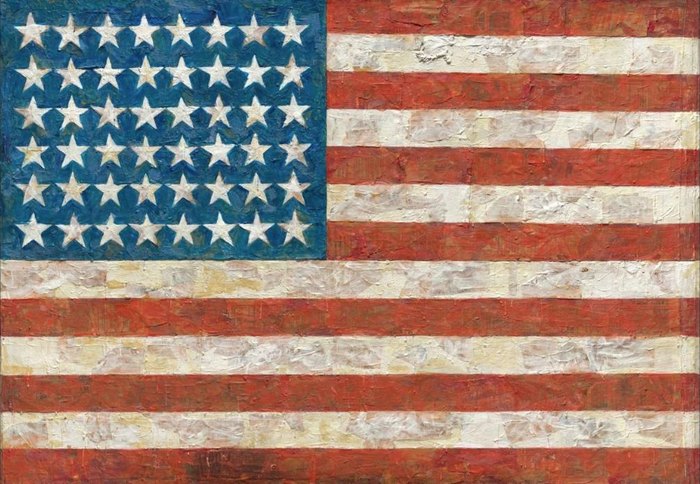 Jasper Johns'un Bayrak tablosu: Amerikan bayrağının dokulu, katmanlı boyayla yapılmış resmi