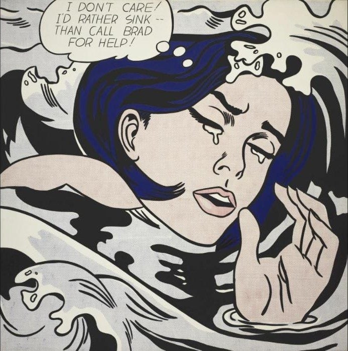 Roy Lichtenstein'ın Boğulan Kız tablosu: dalgalar arasında ağlayan, düşünce balonlu bir çizgi roman kadını