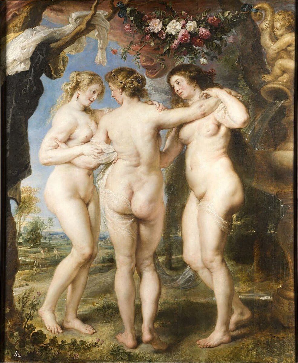 Peter Paul Rubens'in Üç Güzeller tablosu: çiçek çelengi altında kucaklaşan üç çıplak kadın
