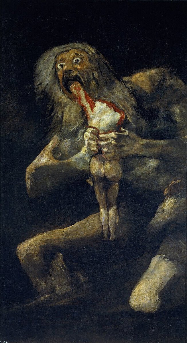 Francisco de Goya'nın Satürn Oğlunu Yerken tablosu: karanlıkta bir bedeni ısıran iri gözlü dev