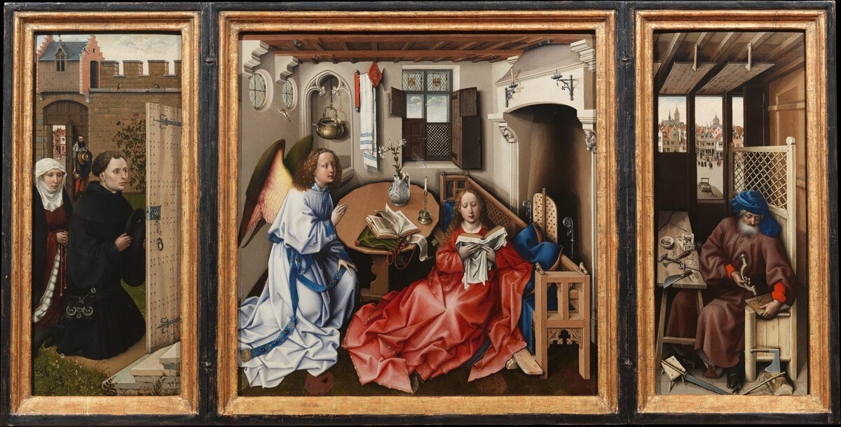 Robert Campin atölyesinin Merode Triptiği: ortada Müjde sahnesi, solda bağışçılar, sağda marangozhanesinde Yusuf (yaklaşık 1427–1432)