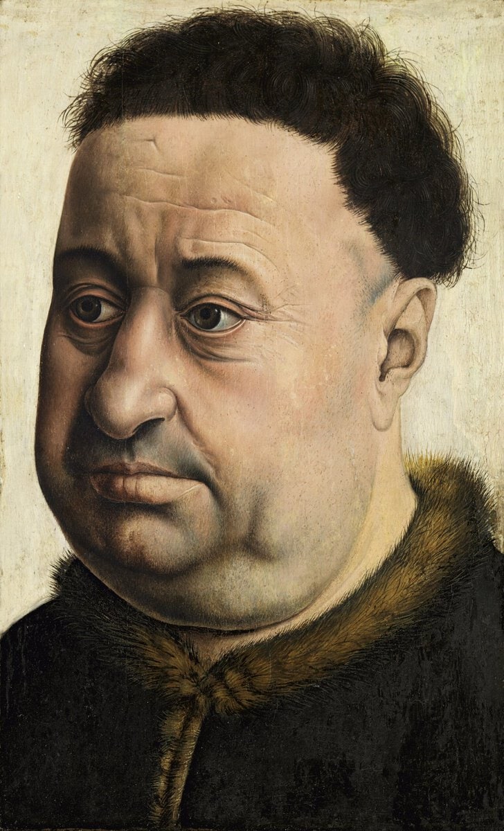 Robert Campin'in Şişman Bir Adamın Portresi: paneli dolduran, çift çeneli bir adam (yaklaşık 1425)