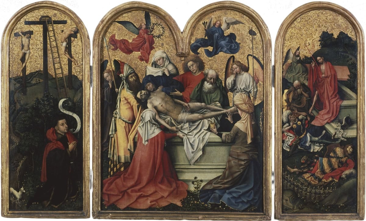 Robert Campin'e atfedilen Seilern Triptiği: altın zemin önünde İsa'nın mezara konuluşu (yaklaşık 1425)