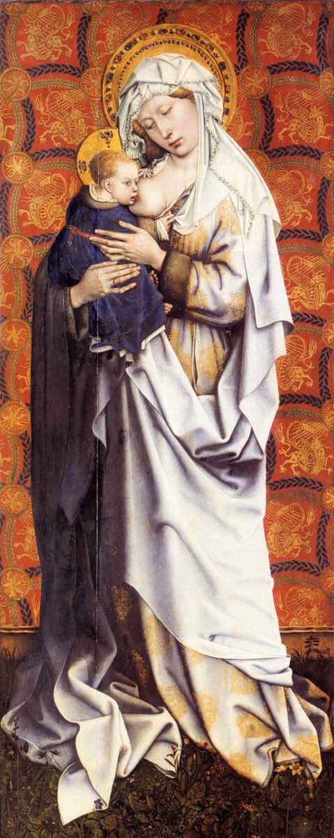 Flémalle panellerinden Emziren Meryem: Meryem kucağındaki İsa'yı emziriyor (yaklaşık 1428–1430)