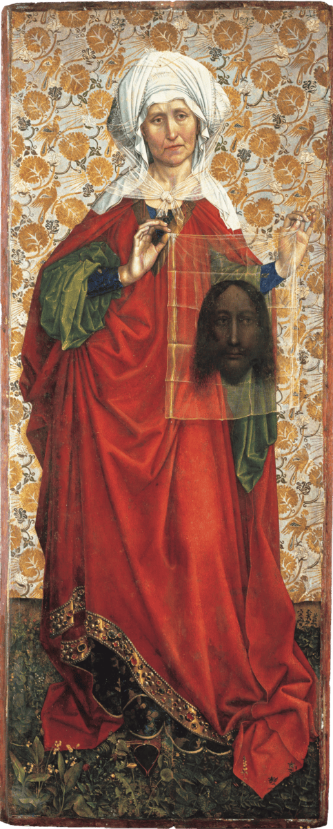 Flémalle panellerinden Aziz Veronika, elinde İsa'nın yüzünün çıktığı peçeyi tutuyor (yaklaşık 1428–1430)