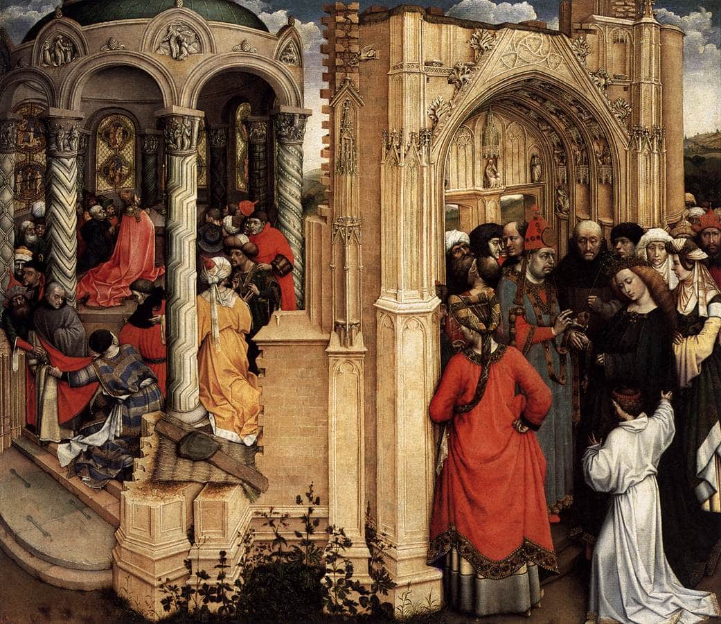 Flémalle Ustası'nın Meryem'in Nişanı tablosu: solda yuvarlak tapınakta çiçek açan asa mucizesi, sağda yapımı süren Gotik kilisenin kapısında nişan (1420–1430)