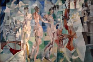 Robert Delaunay'nin Paris Şehri tablosu: parçalanmış Paris manzarası, Eyfel Kulesi ve ortada Üç Güzeller, 1910–1912