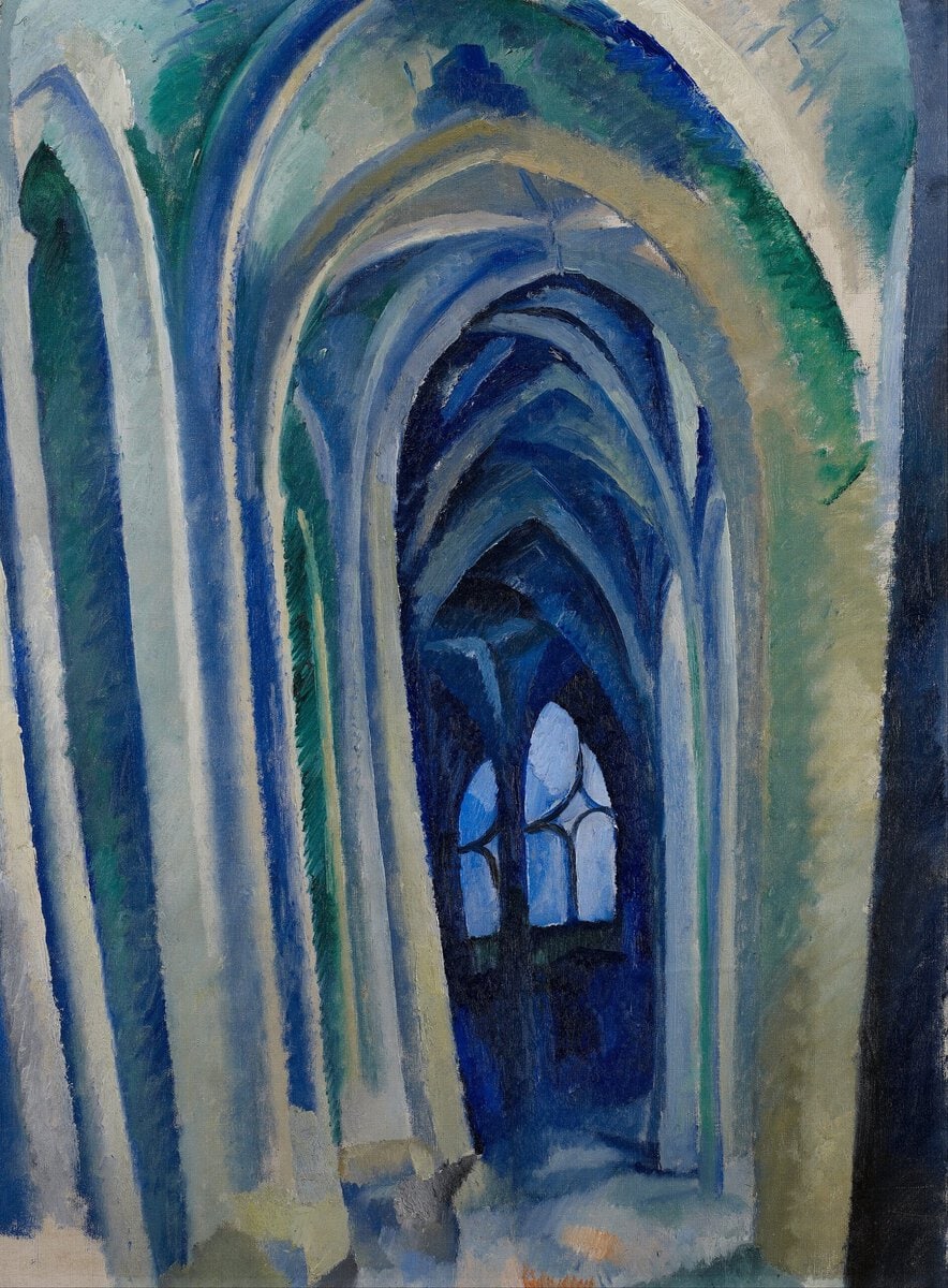 Robert Delaunay'nin Saint-Séverin No. 2 tablosu: Gotik kilisenin eğilip bükülen sütunlarla dolu yan koridoru, 1909