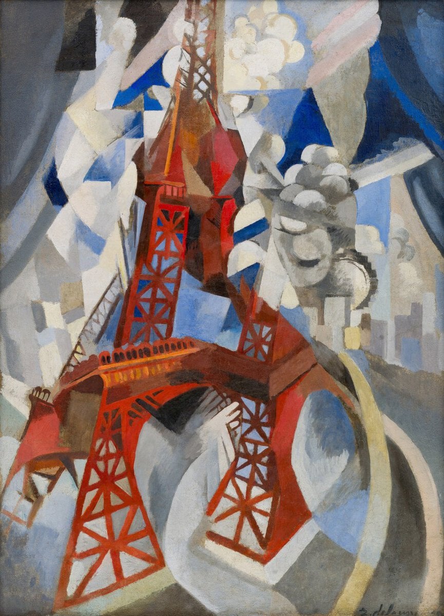 Robert Delaunay'nin Kırmızı Eyfel Kulesi tablosu: çevresindeki binalar ve bulutlar arasında parçalanmış kırmızı kule, 1911–1912
