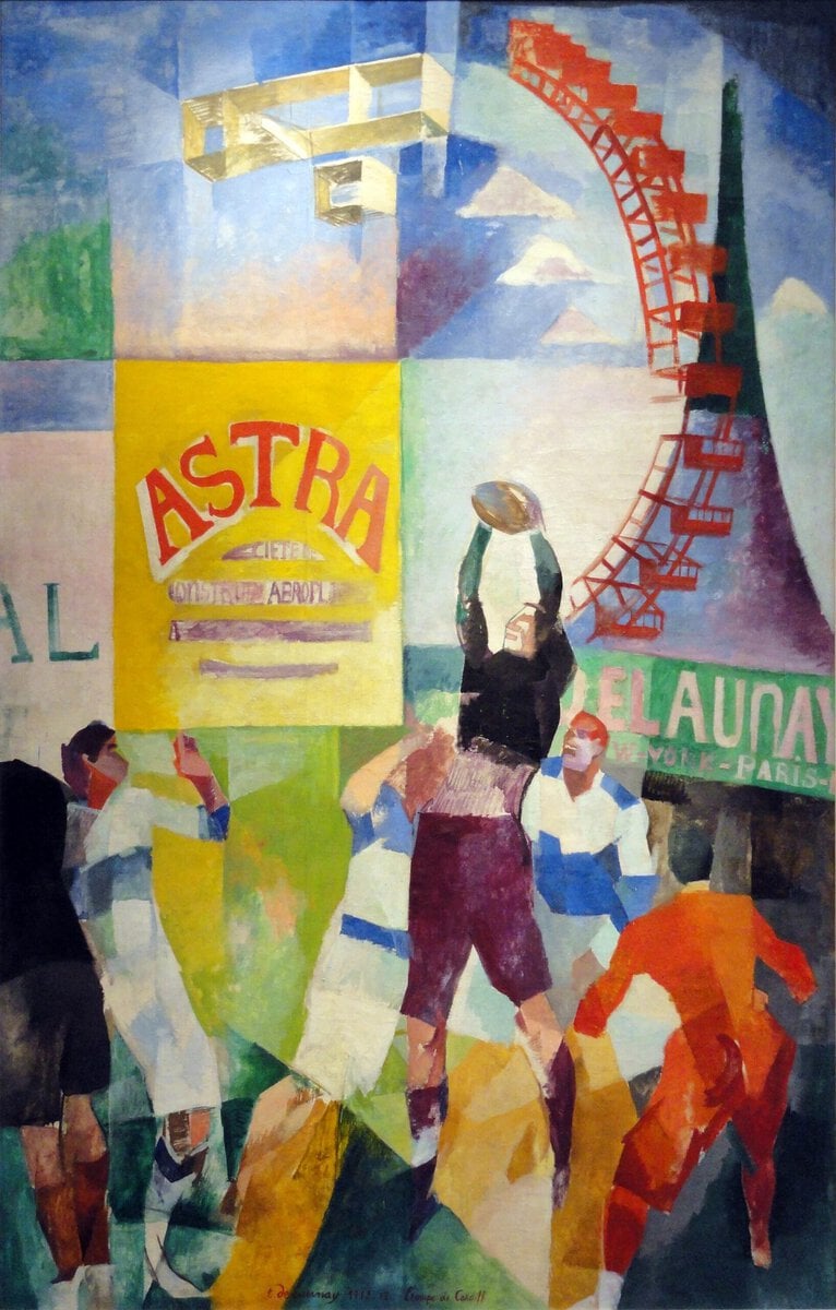 Robert Delaunay'nin Cardiff Takımı tablosu: topa sıçrayan ragbi oyuncuları, dönme dolap, Eyfel Kulesi ve Astra reklam panosu, 1912–1913