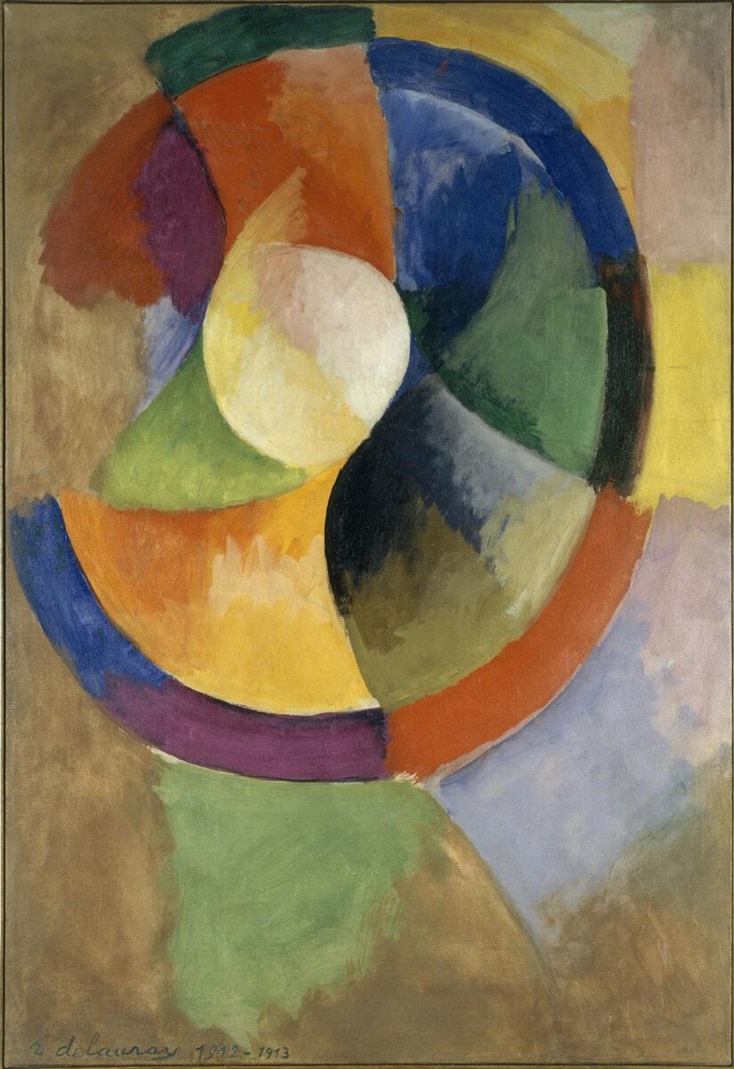 Robert Delaunay'nin Dairesel Biçimler, Güneş No. 2 tablosu: tuvalin kenarına kaymış iç içe renkli halkalar, 1912–1913