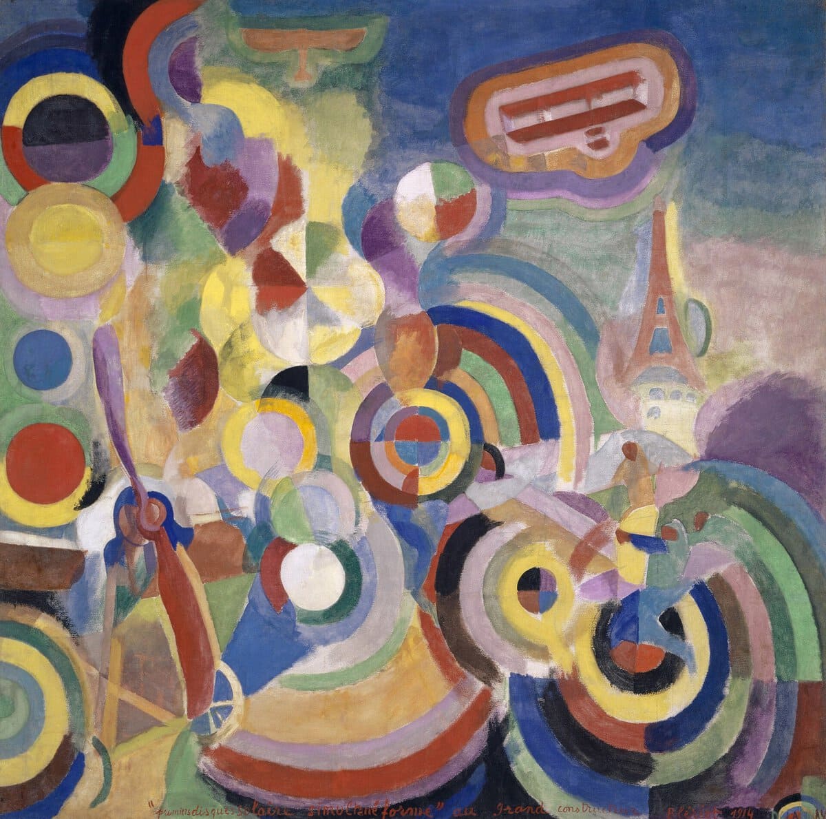 Robert Delaunay'nin Blériot'ya Saygı tablosu: renkli diskler, pervaneler, uçaklar ve Eyfel Kulesi, 1914