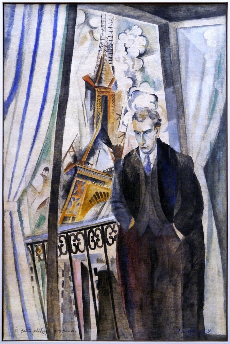 Robert Delaunay'nin Şair Philippe Soupault portresi: pencere önünde düşünceli duran şair ve arkada Eyfel Kulesi, 1922