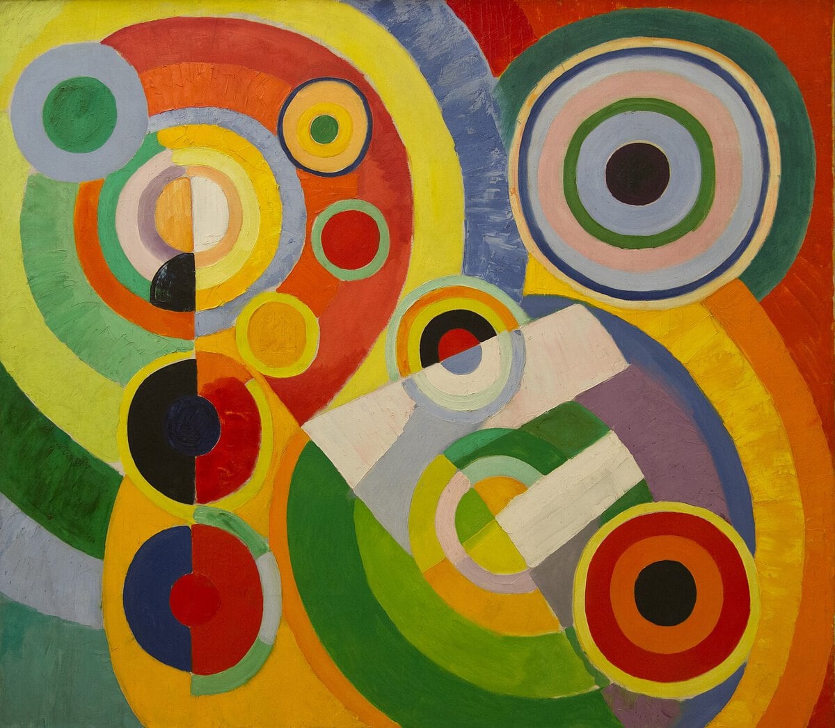Robert Delaunay'nin Ritim, Yaşama Sevinci tablosu: farklı boyutlarda iç içe renkli diskler, 1930