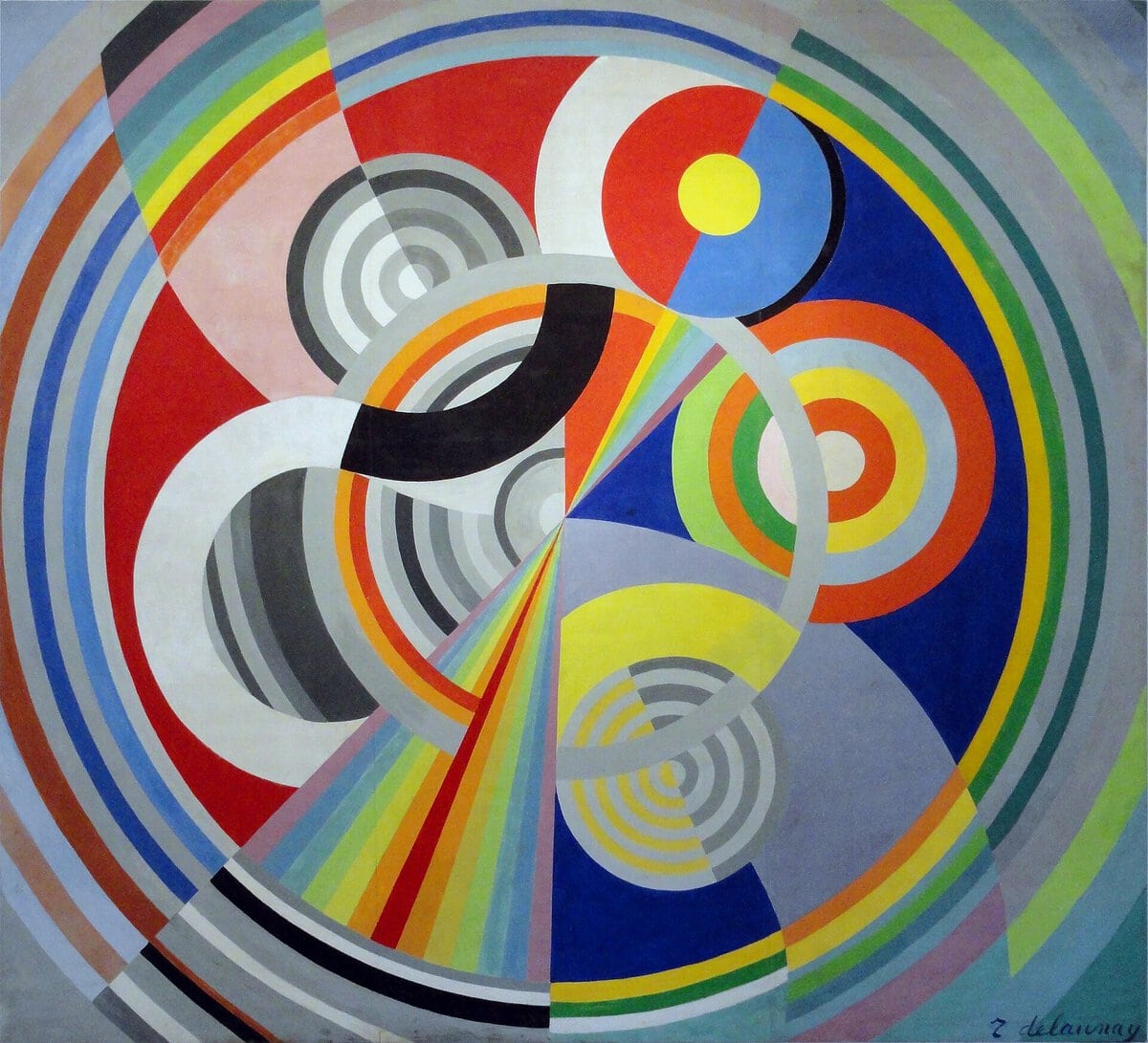Robert Delaunay'nin Ritim No. 1 tablosu: büyük renkli daireler, yaylar ve ışınsal şeritler, 1938