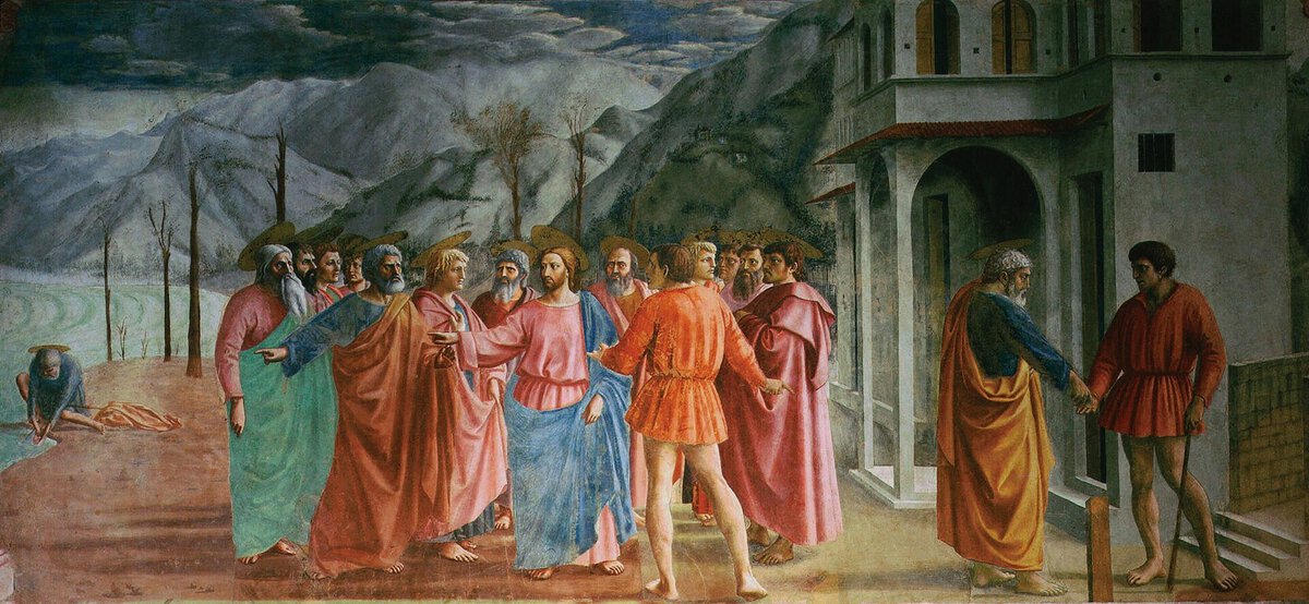Masaccio'nun Haraç Parası freski: İsa ve havariler bir manzaranın önünde, sağda vergi toplayan figür