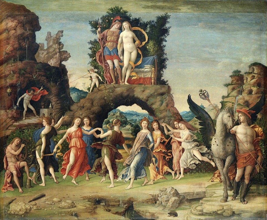 Kayalık bir kemerin üstünde Mars ile Venüs, altında dans eden Musalar, Apollon ve Pegasus