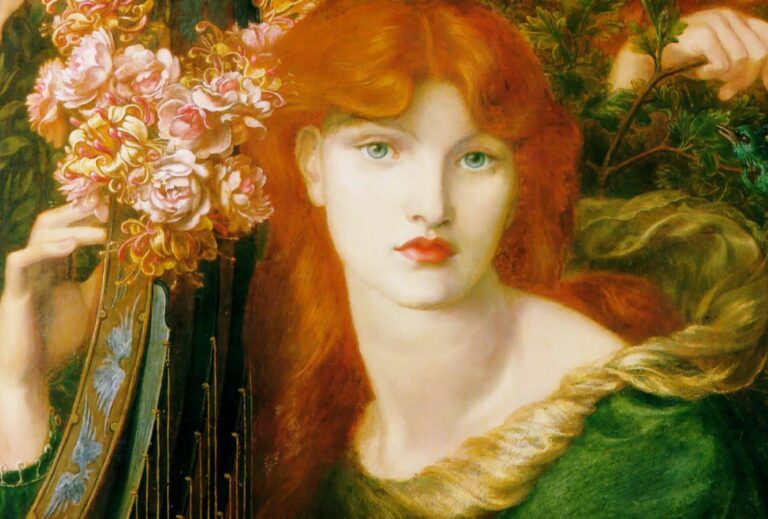 Dante Gabriel Rossetti, La Ghirlandata tablosundan ayrıntı: yeşil elbiseli, kızıl saçlı kadın, gül çelengiyle süslü bir arpın başında, 1873