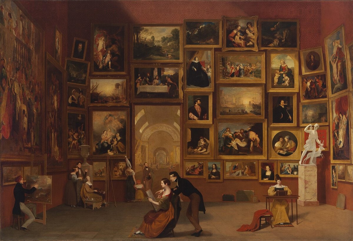 Samuel Morse'un Louvre Galerisi tablosu: duvarları tablolarla kaplı salonda kopya yapan ve resim inceleyen ziyaretçiler