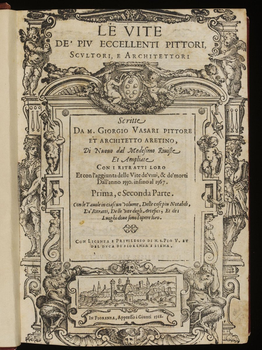 Giorgio Vasari'nin Le Vite adlı kitabının 1568 baskısına ait süslemeli başlık sayfası