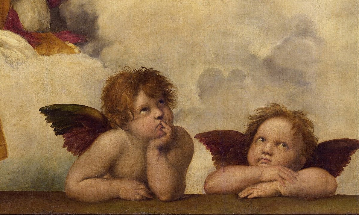 Sistine Madonnası'nın altındaki dirseklerine yaslanmış iki küçük melek