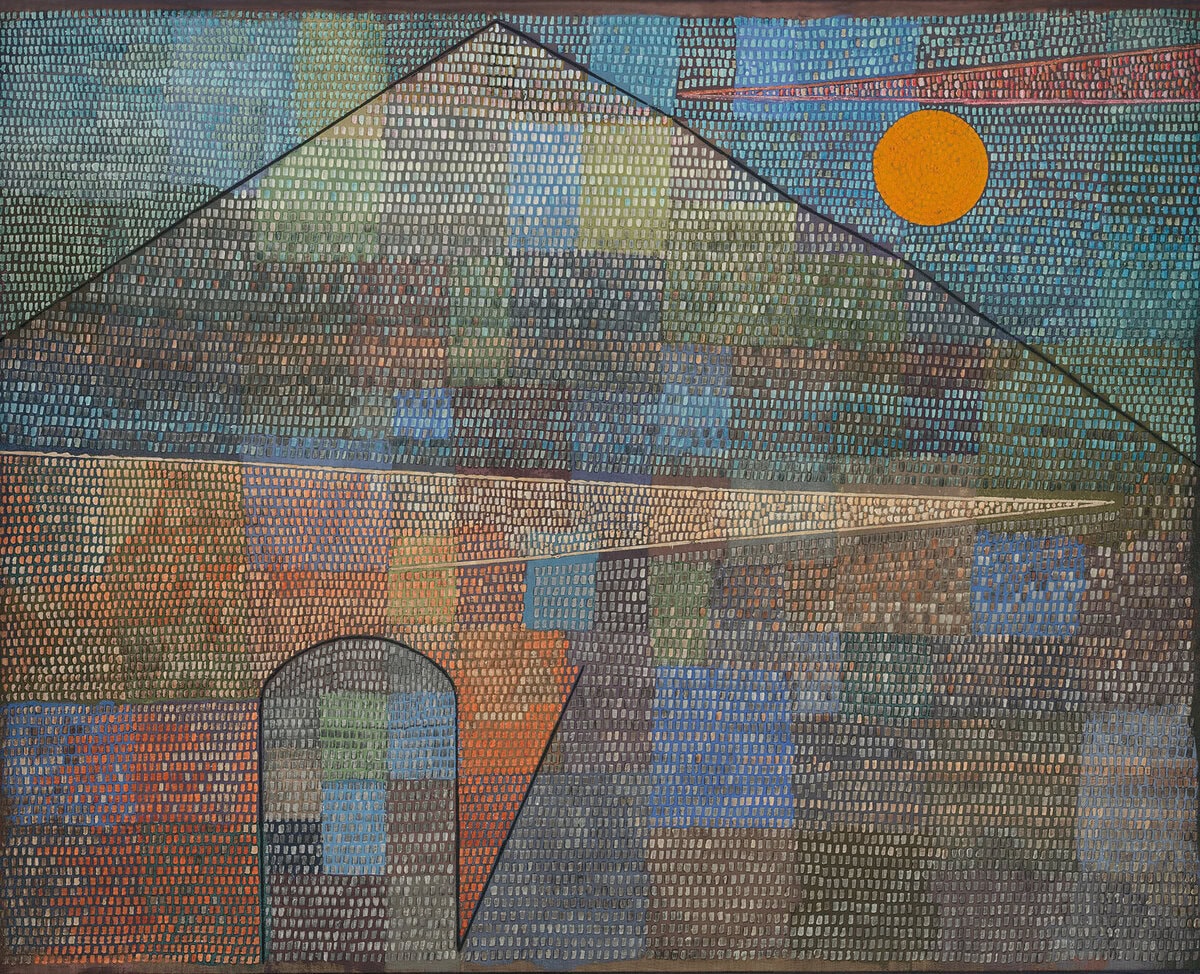 Paul Klee'nin Ad Parnassum tablosu: küçük renkli noktalardan oluşan bir yüzey üzerinde piramidi andıran biçim