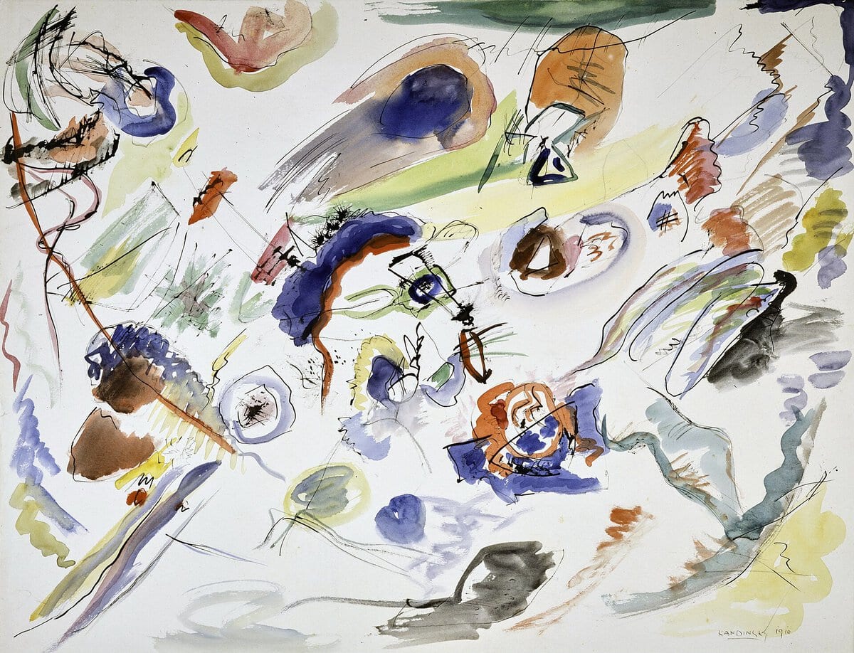 Kandinsky'nin İlk soyut suluboya olarak bilinen, birbirine karışan renk lekeleri ve siyah çizgilerden oluşan resmi