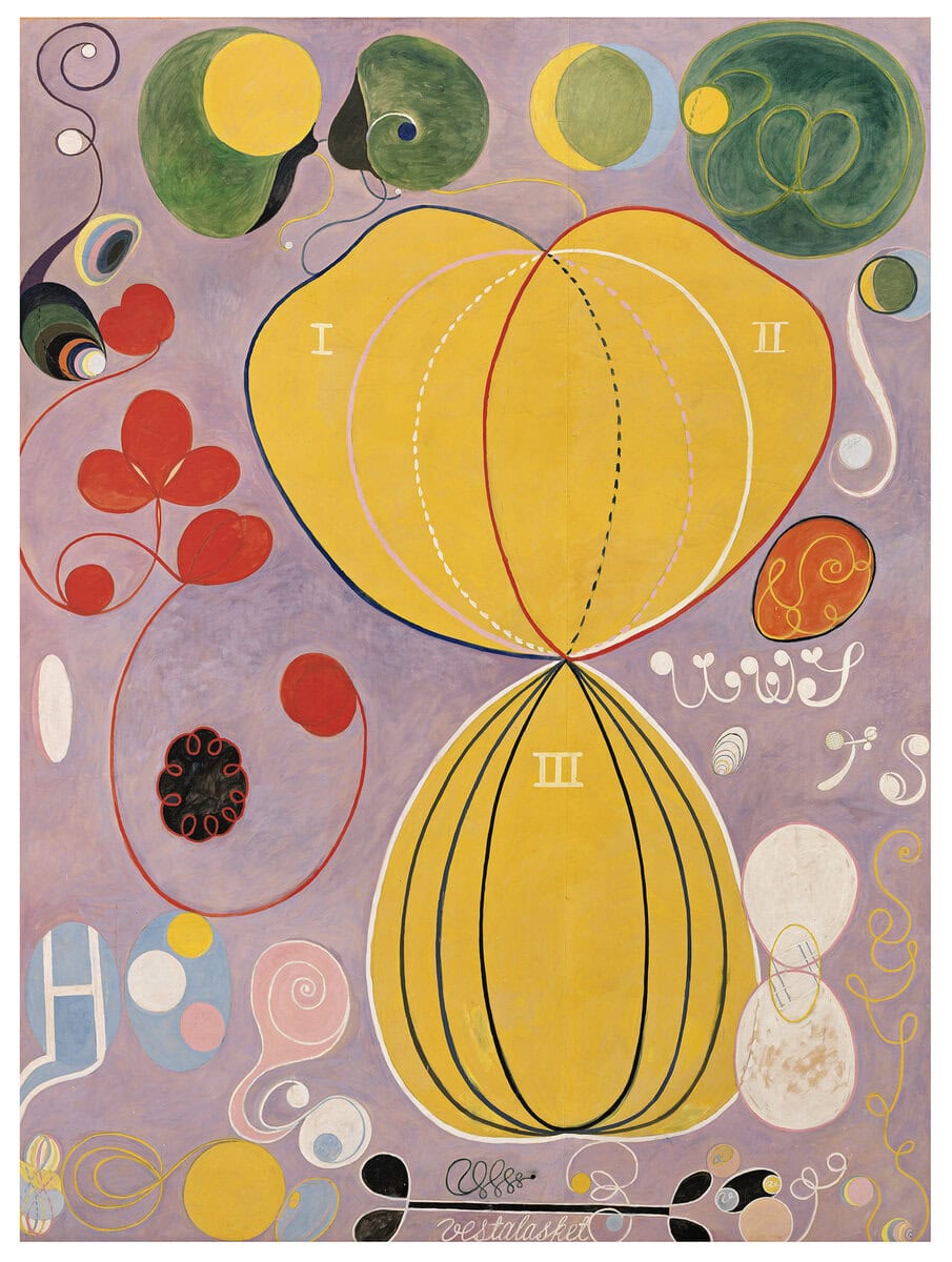 Hilma af Klint'in On Büyük dizisinden 7 numaralı resim: turuncu zemin üzerinde çiçeksi, spiral ve yuvarlak biçimler