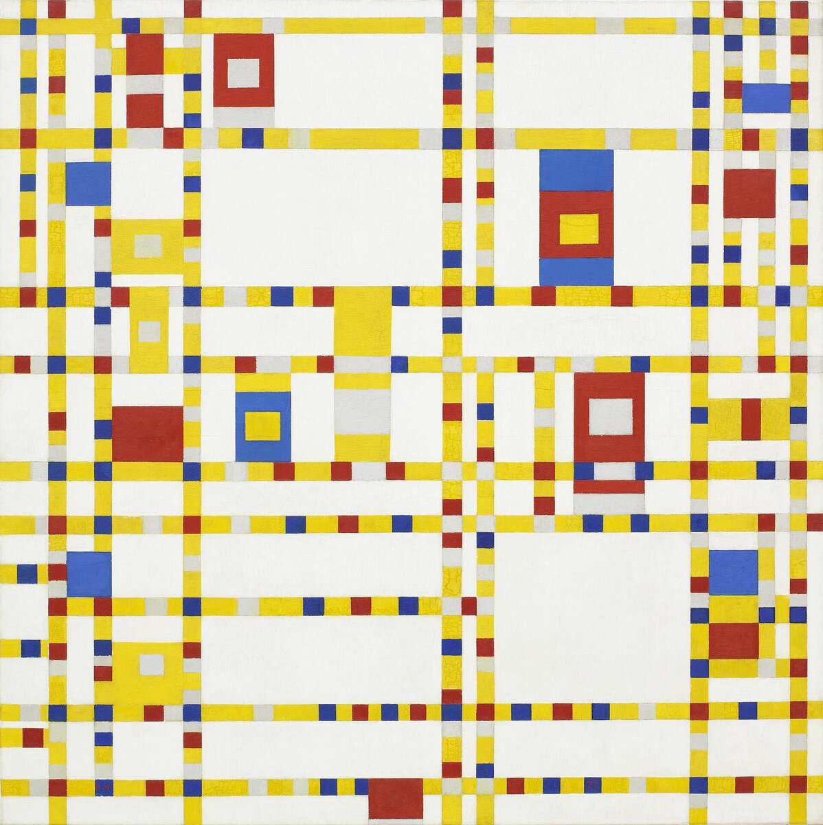 Mondrian'ın Broadway Boogie Woogie tablosu: beyaz zemin üzerinde sarı şeritler ve kırmızı, mavi, gri küçük kareler