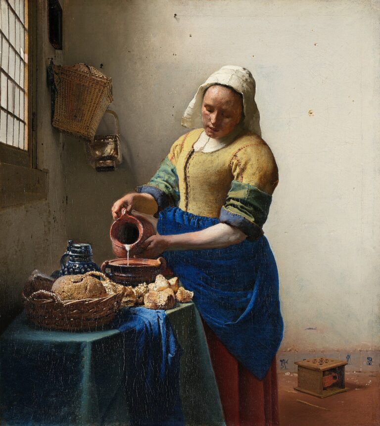 Süt Döken Kadın, Johannes Vermeer, yaklaşık 1660: pencere ışığında masadaki kaba süt döken hizmetçi kadın