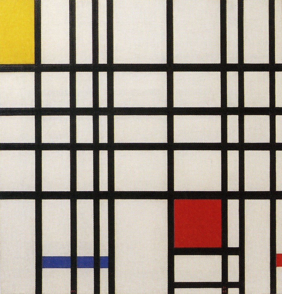 Mondrian'ın Sarı, Mavi ve Kırmızılı Kompozisyon tablosu: beyaz zeminde siyah çizgi ızgarası, sarı, kırmızı ve mavi alanlar