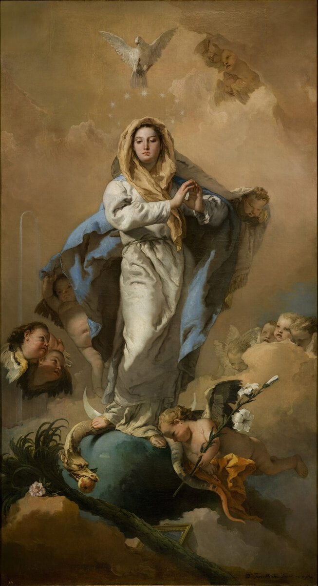 Tiepolo'nun Lekesiz Gebelik tablosu: hilal ve dünya küresi üzerinde duran, yılanı ezen Meryem, 1767–1768