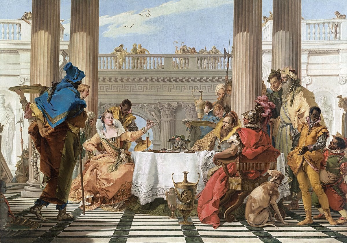 Tiepolo'nun Kleopatra'nın Ziyafeti tablosu: sütunlu bir terasta Antonius ve Kleopatra'nın ziyafet sofrası, 1743–1744