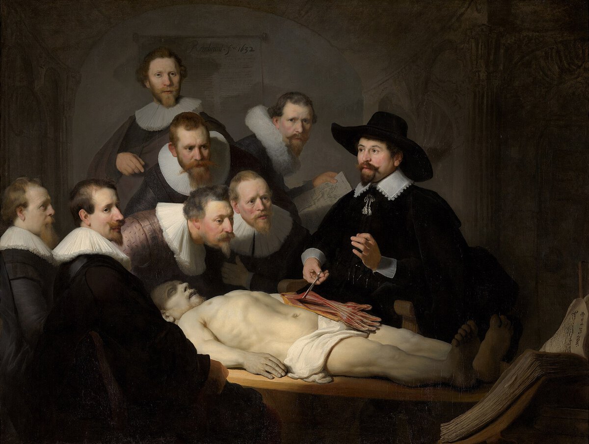 Dr. Tulp'un Anatomi Dersi, Rembrandt, 1632: siyah giysili cerrahlar masadaki cesedin açılmış kolunun başında toplanmış