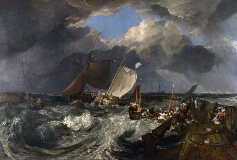 J. M. W. Turner, Calais İskelesi: fırtınalı denizde dalgalarla boğuşan yelkenli tekneler, sağda iskelede balıkçılar ve kara bulutlu gökyüzü, 1803