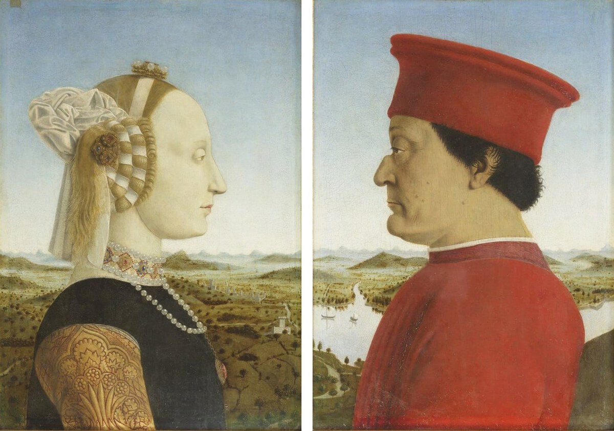 Piero della Francesca'nın Urbino Dükü Federico da Montefeltro ile eşi Battista Sforza'yı karşılıklı profilden gösteren çift portresi