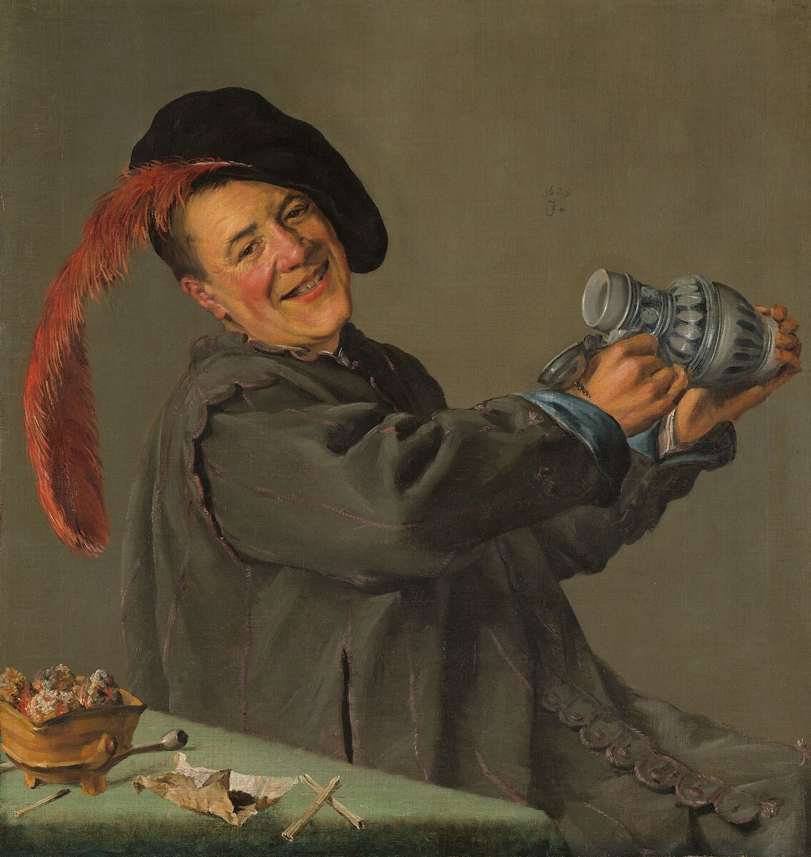 Judith Leyster'in Neşeli İçkici tablosu: elinde testi tutan gülen adam (1629)