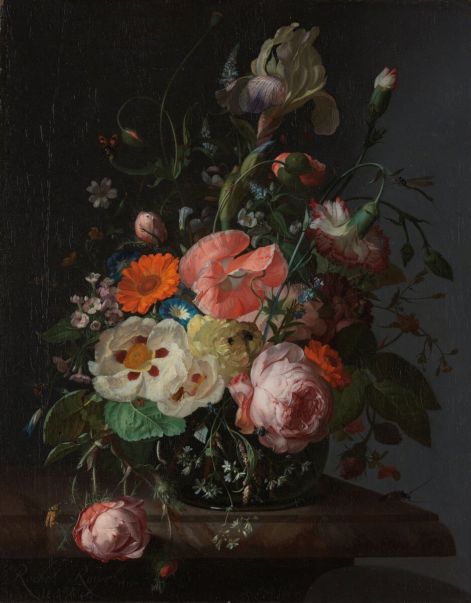 Rachel Ruysch'un Mermer Masa Üzerinde Çiçekli Natürmort tablosu (1716)