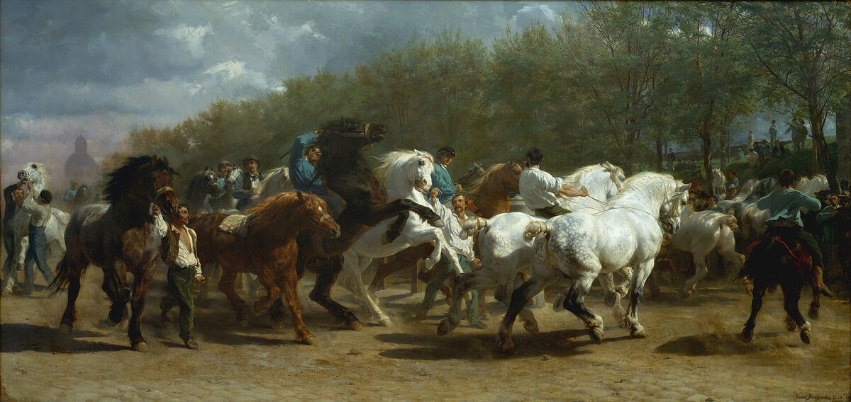 Rosa Bonheur'ün At Panayırı tablosu: Paris'te at pazarında şahlanan beyaz ve kara atlar (1852-1855)