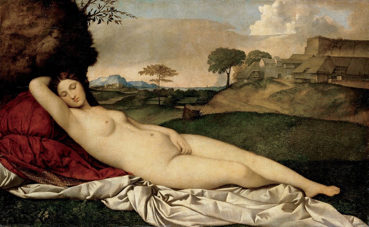 Uyuyan Venüs, Giorgione ve Tiziano, yaklaşık 1508–1510: kırda gözleri kapalı uzanan çıplak Venüs