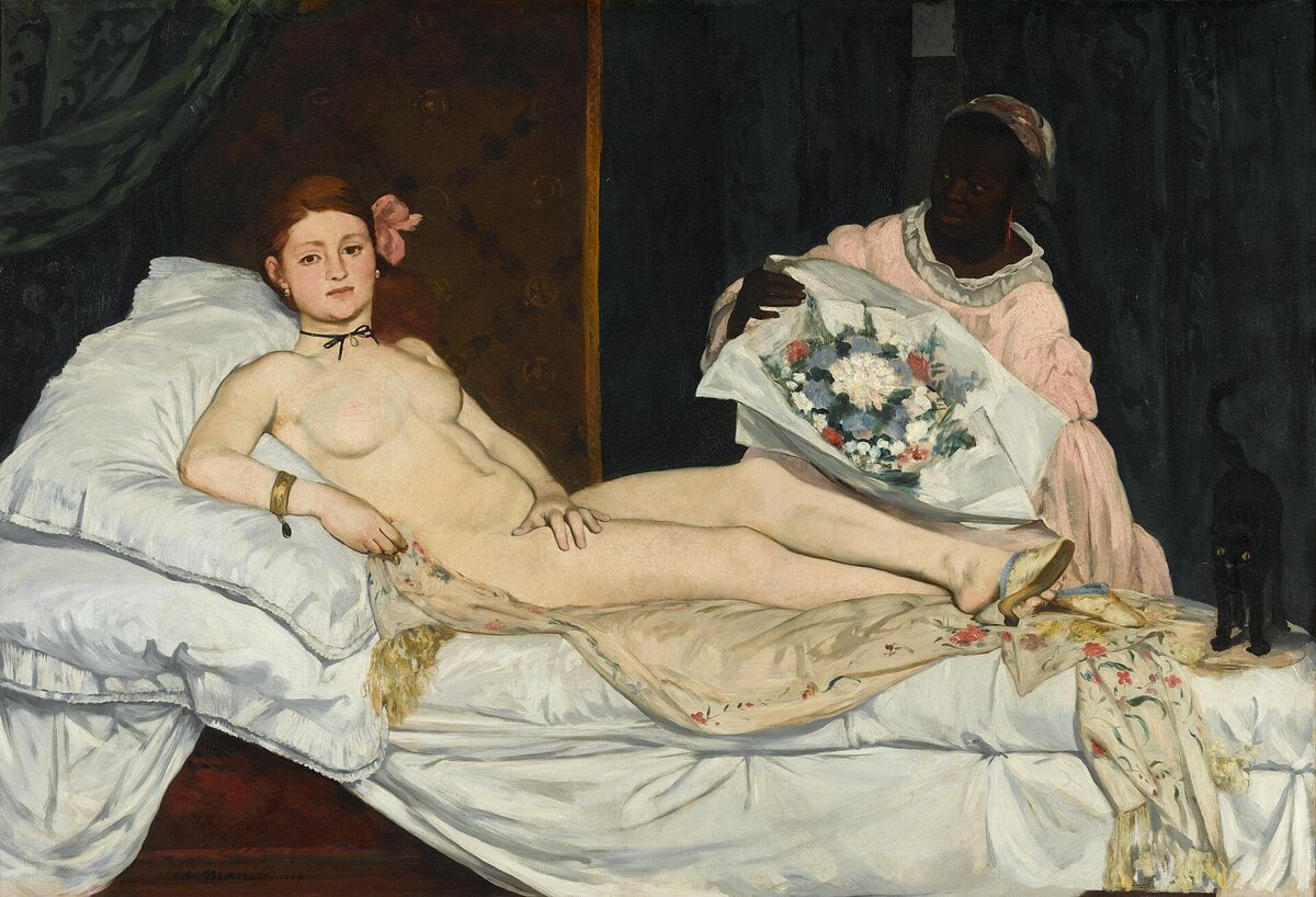Olympia, Édouard Manet, 1863: yatakta uzanan çıplak kadın, arkasında çiçek getiren hizmetçi ve ayak ucunda kara kedi