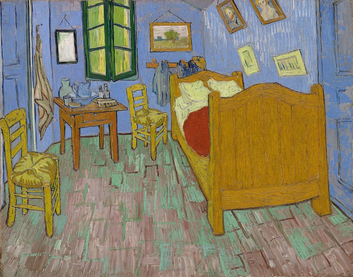 Van Gogh'un 1889'da yeniden boyadığı Yatak Odası: yeşil tonlu zemin ve koyu mavi duvarlar