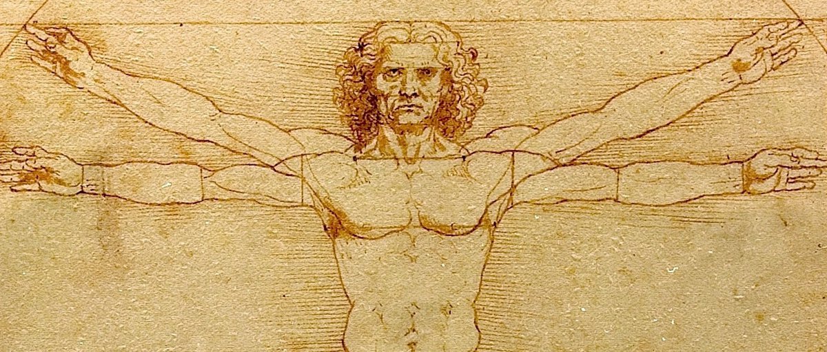 Vitruvius Adamı çiziminde figürün yüzü, omuzları ve iki farklı konumda açılmış kollar