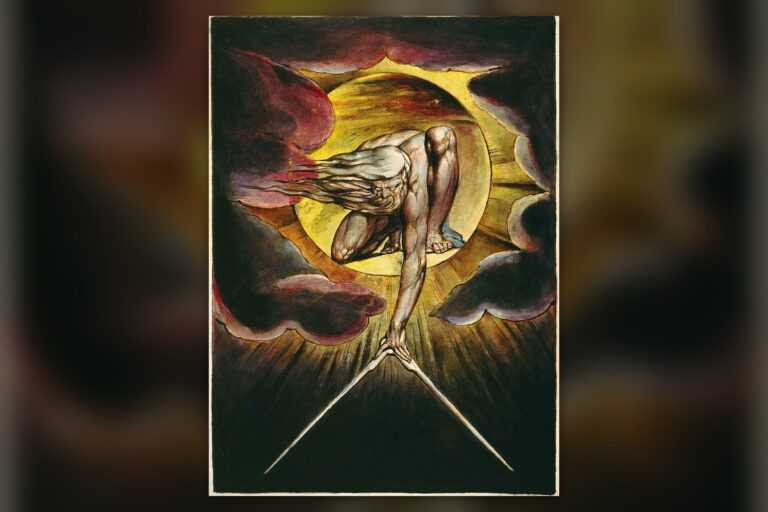 William Blake, Günlerin Kadimi: sarı güneş halkasının içinde diz çökmüş yaşlı adam, aşağı uzattığı eliyle bir pergeli açıyor, 1794